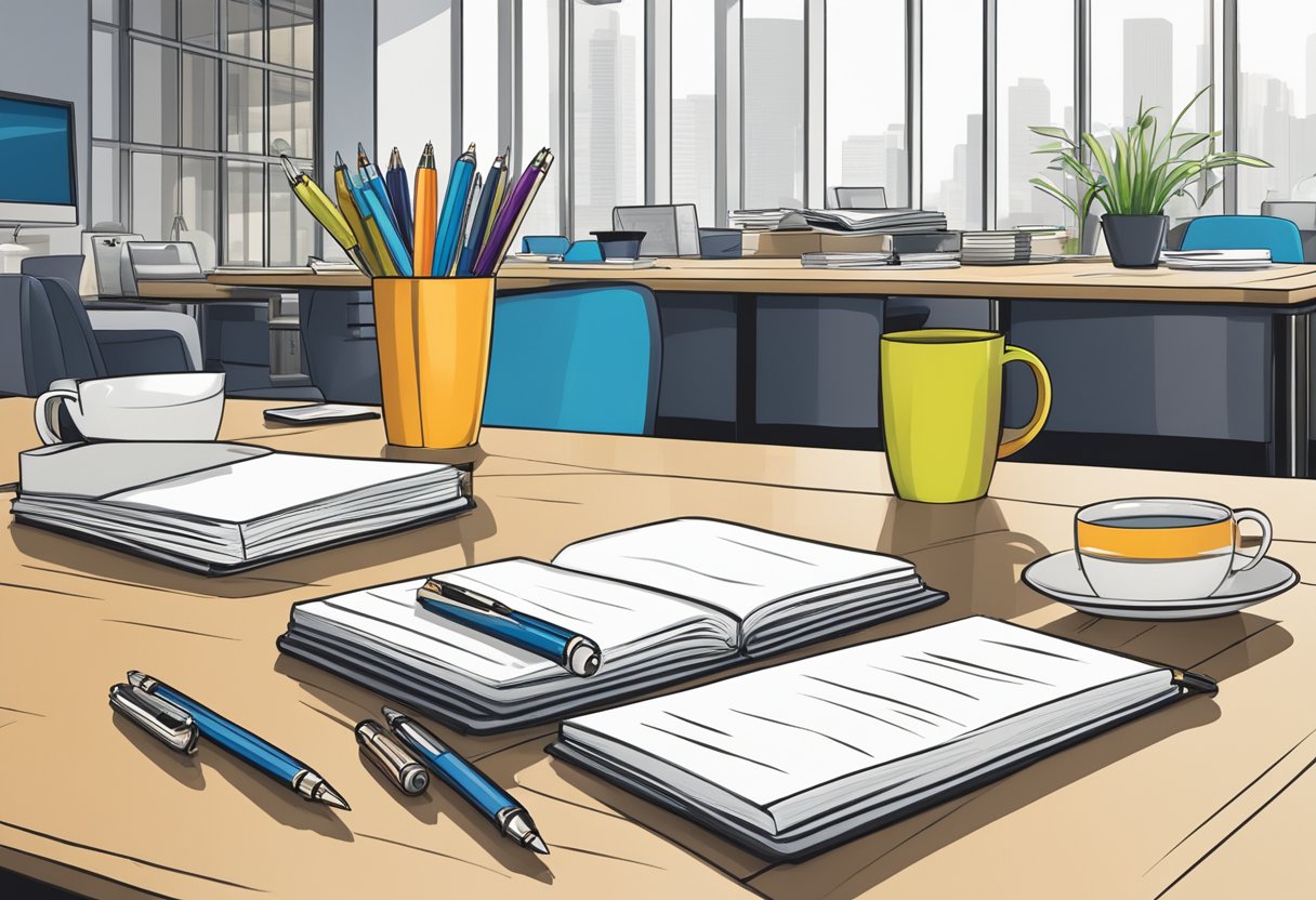 A table adorned with branded pens, notebooks, and mugs. A backdrop of a modern office setting with a logo prominently displayed