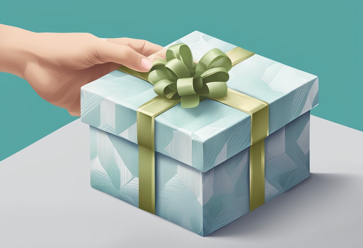A hand presents a thoughtful gift to a recipient, showcasing the concept of strategic gifting for maximum impact in a corporate setting