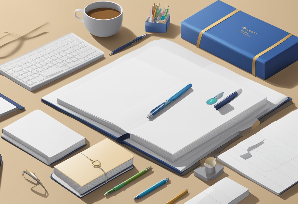 A table displays branded gifts: notebooks, pens, and gift boxes. A banner reads "Strategies for Effective Corporate Gifting."
