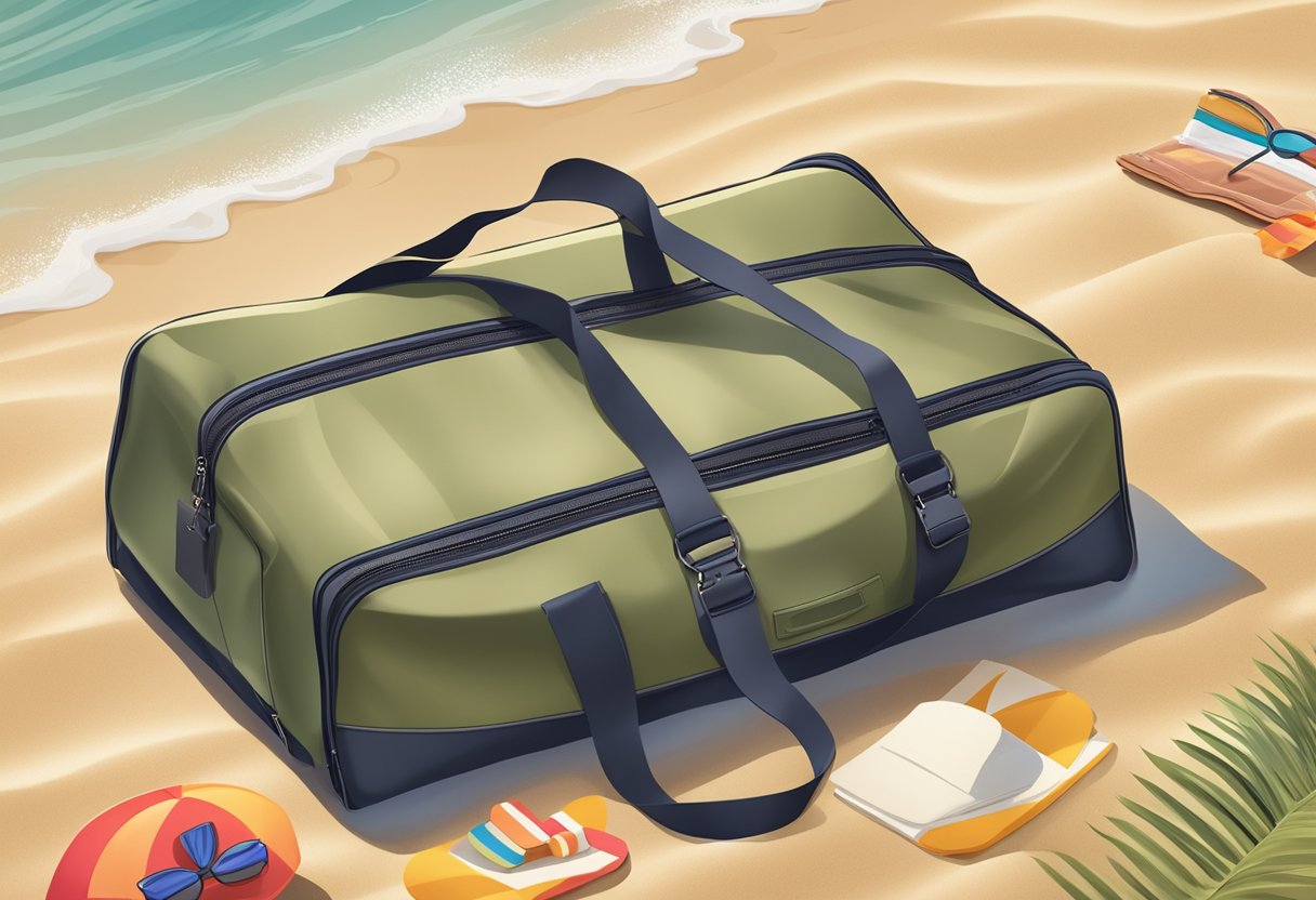 A foldable travel bag lays open on a beach, filled with clothes and accessories. The sun shines down on the bag, casting a shadow on the sand