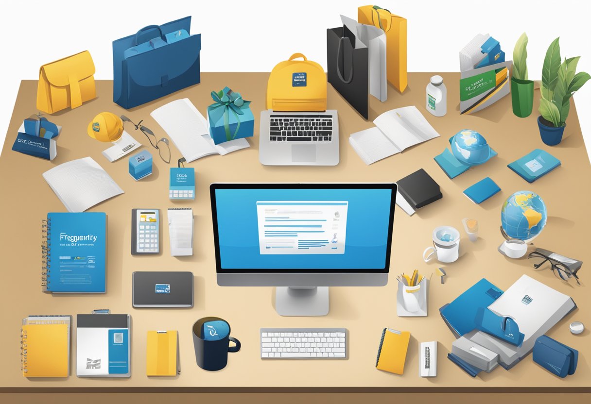 A table with various corporate gifts displayed, including branded items and promotional products. A sign reads "Frequently Asked Questions fg corporate gifts."