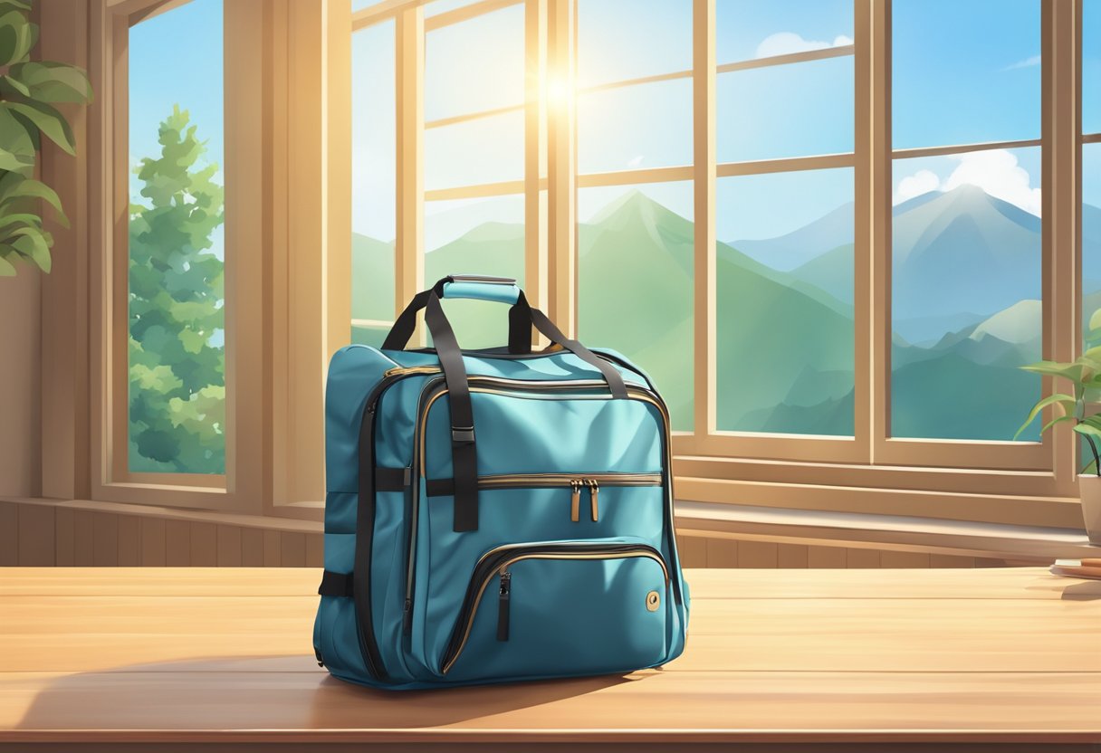 A foldable travel bag made of durable materials, with multiple compartments and zippers, sitting on a wooden table in front of a window with sunlight streaming in