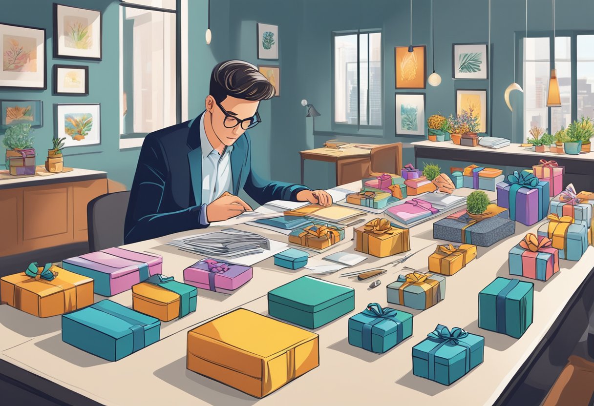 A person carefully choosing from a variety of themed corporate gifts displayed on a table, with a thoughtful expression on their face