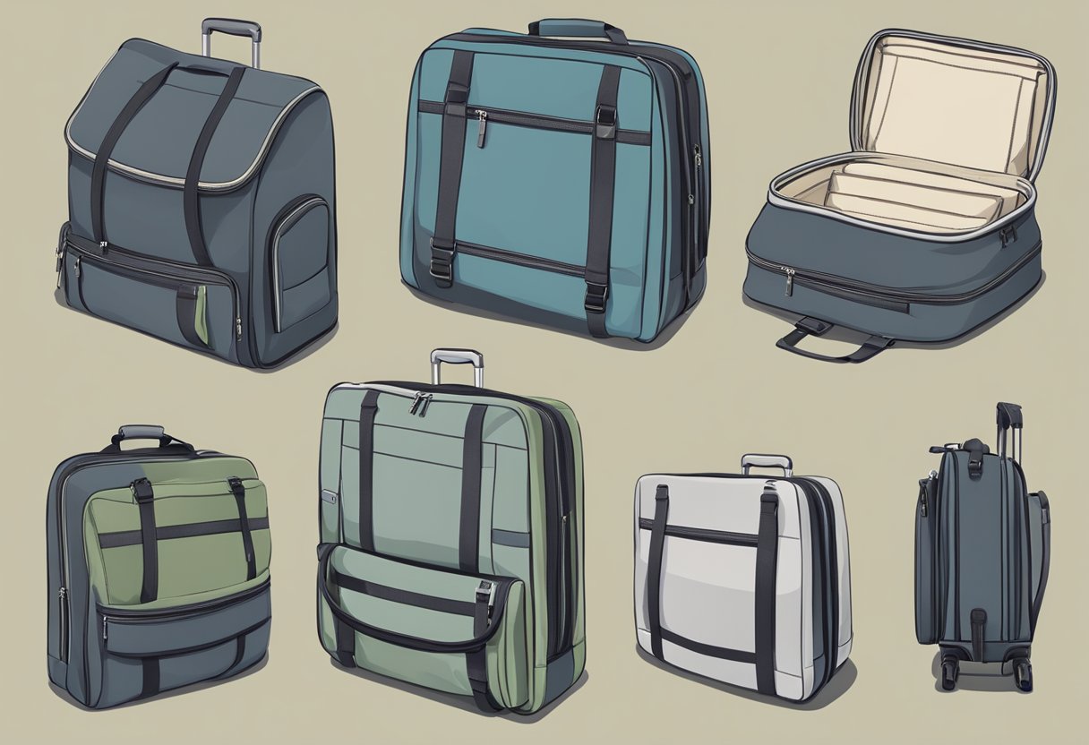 A table displaying various foldable travel bags in different sizes and colors