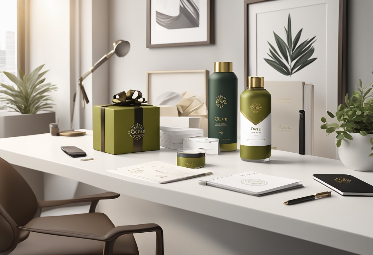 A beautifully wrapped gift box with the Olive and Cocoa logo sits on a sleek, modern desk surrounded by elegant office decor