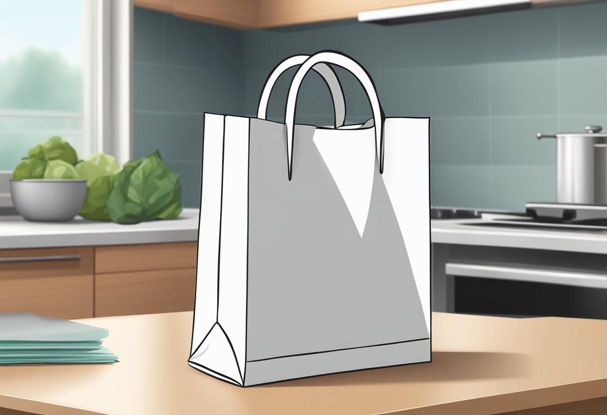 A folded shopping bag rests on a countertop, its handles neatly tucked in