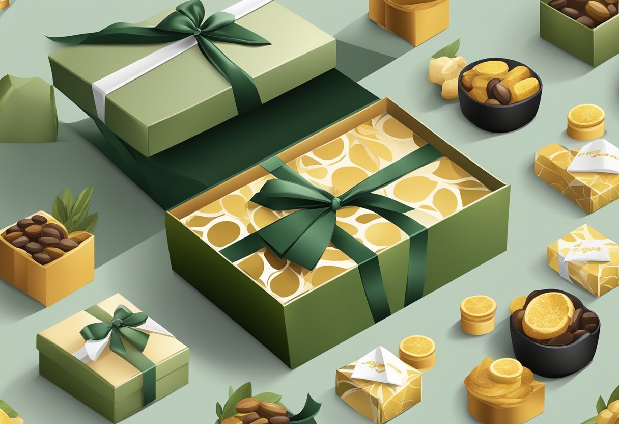 A hand reaches for a beautifully wrapped corporate gift box from a display of various options, showcasing the high-quality and elegant selection of Olive and Cocoa corporate gifts