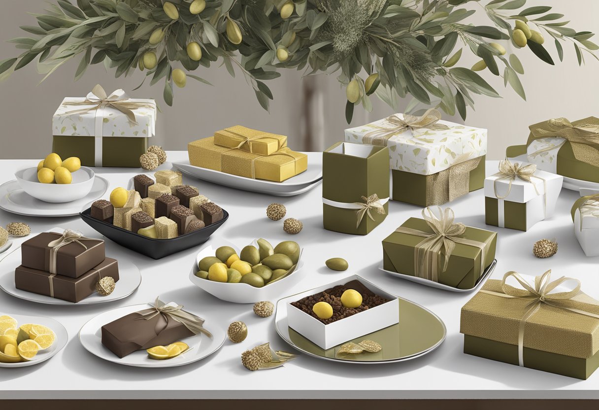 A table adorned with elegant olive and cocoa corporate gifts, neatly wrapped and arranged with care