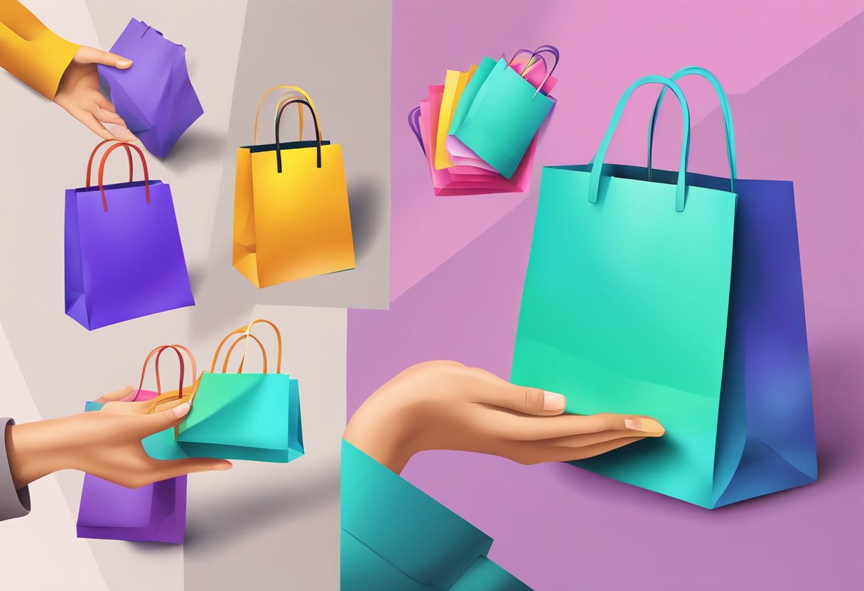 A hand reaches out to unfold a blank shopping bag, ready for customisation with vibrant designs