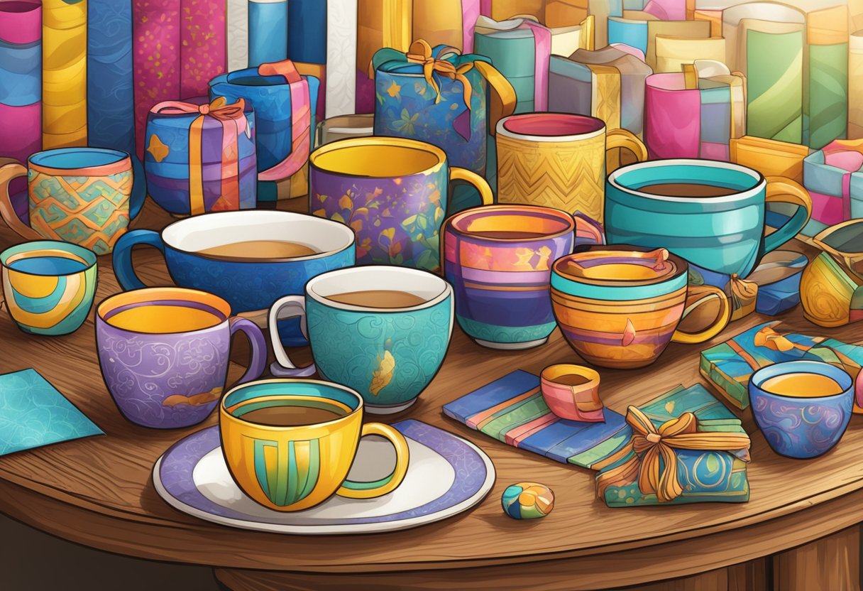 Colorful array of custom mugs, photo frames, and engraved jewelry displayed on a wooden table, surrounded by vibrant wrapping paper and ribbons
