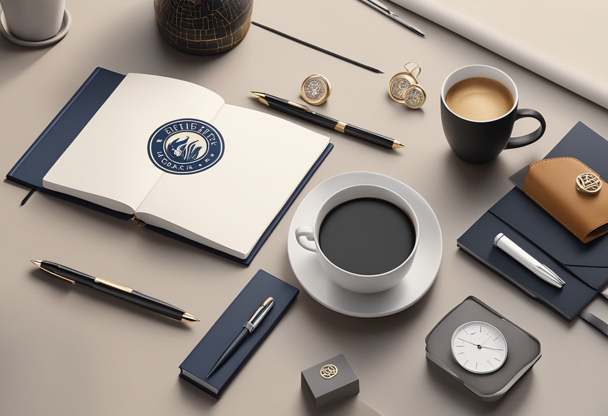 A table adorned with branded merchandise: elegant pens, leather notebooks, and sleek tech accessories. A backdrop of a modern office setting with logoed mugs and elegant gift boxes