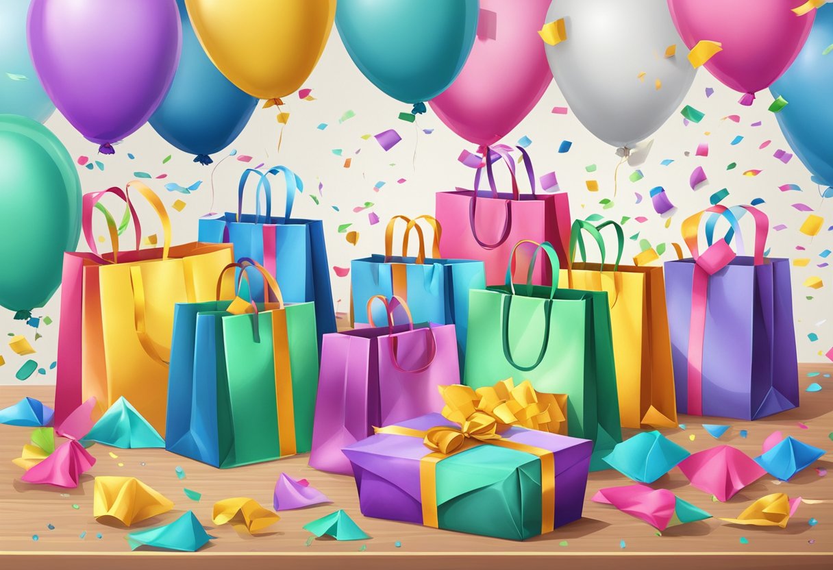 Colorful party gift bags arranged on a table, filled with tissue paper and tied with ribbon. Balloons and confetti scattered around