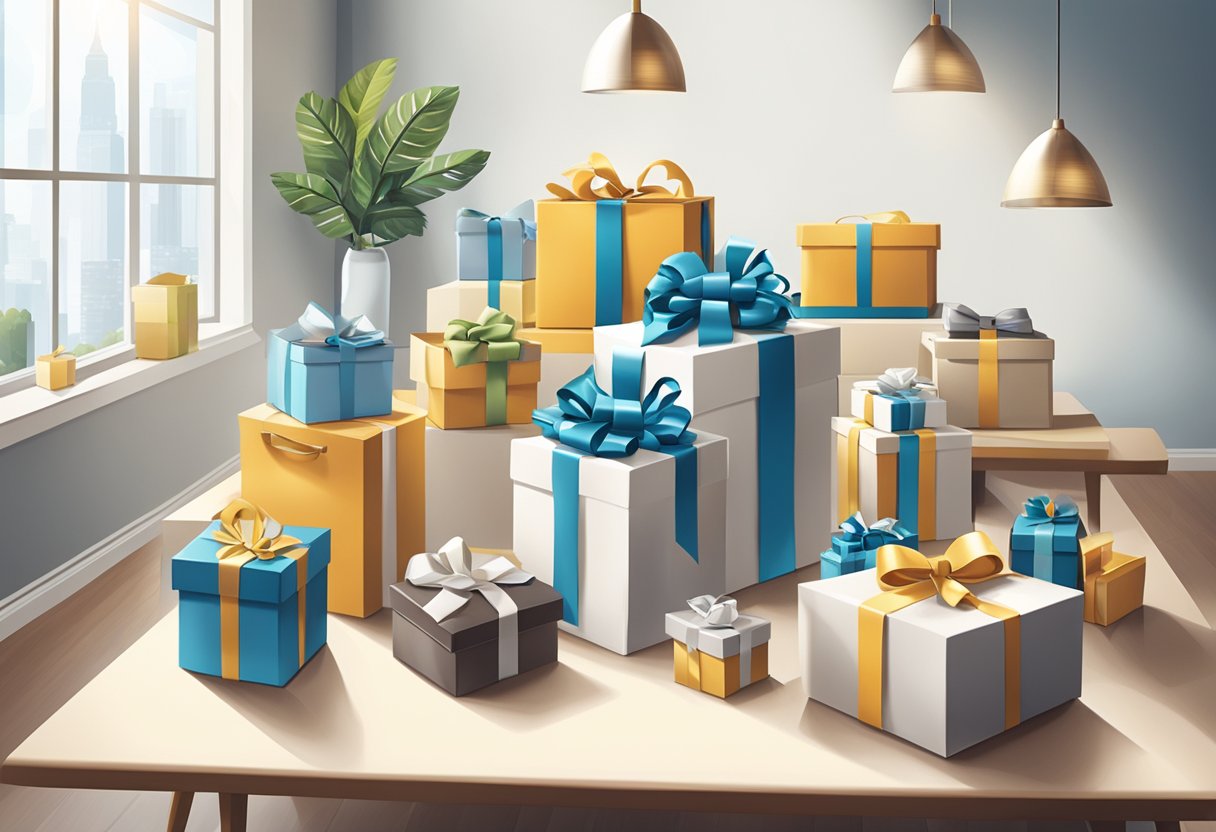 A table with assorted corporate gifts, including elegant boxes and baskets, displayed in a well-lit room with a clean, modern aesthetic