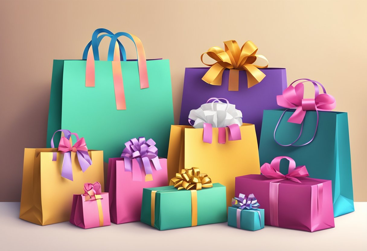 Colorful gift bags arranged on a table with ribbons and tags. A variety of sizes and shapes, filled with tissue paper and party favors