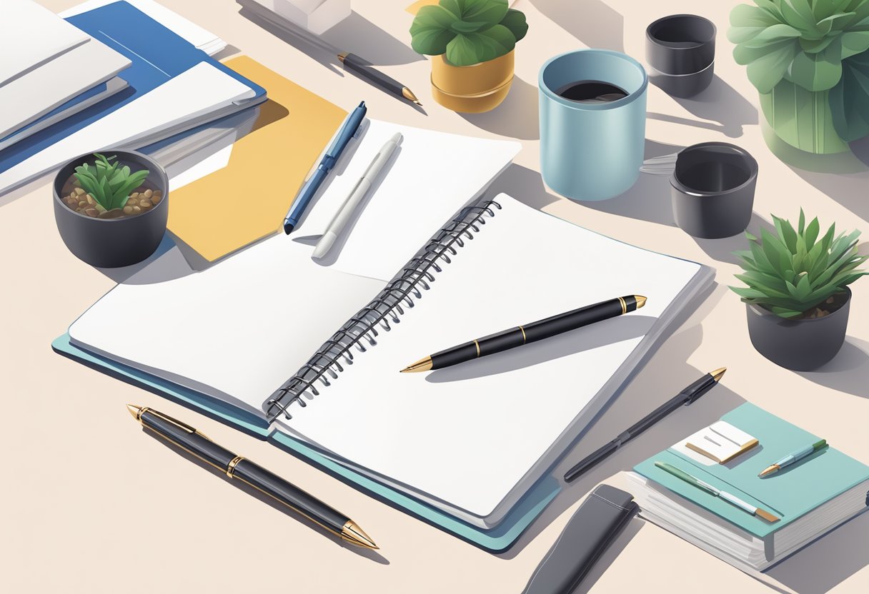 A hand reaches for a sleek pen and elegant notebook on a desk, surrounded by various corporate gift options