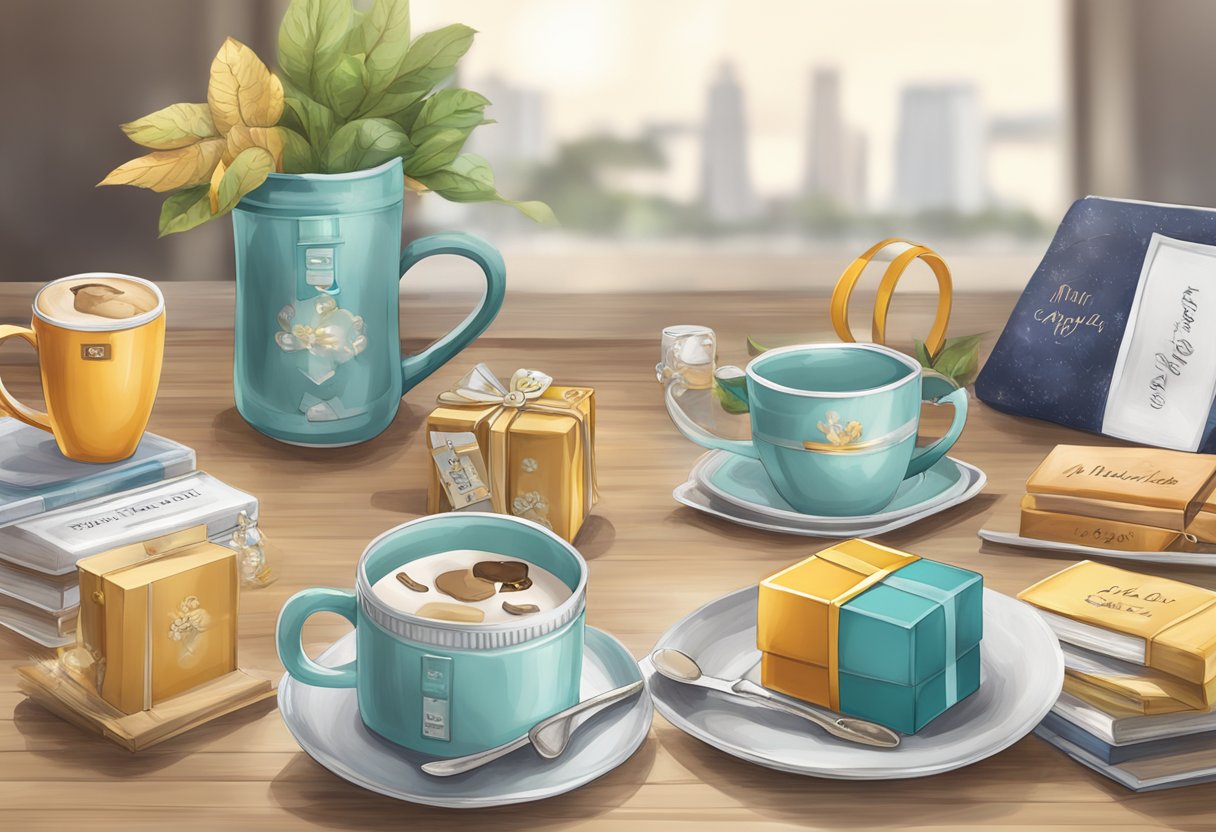 A table with various personalised gifts: mugs, photo frames, and keychains. Each item is customised with names, dates, or special messages