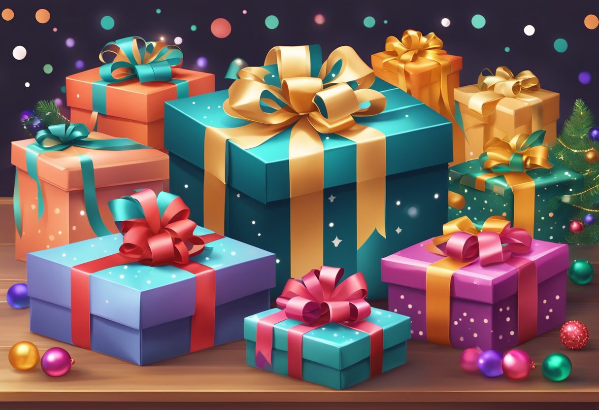 A colorful gift box adorned with ribbons and bows sits on a table surrounded by festive decorations