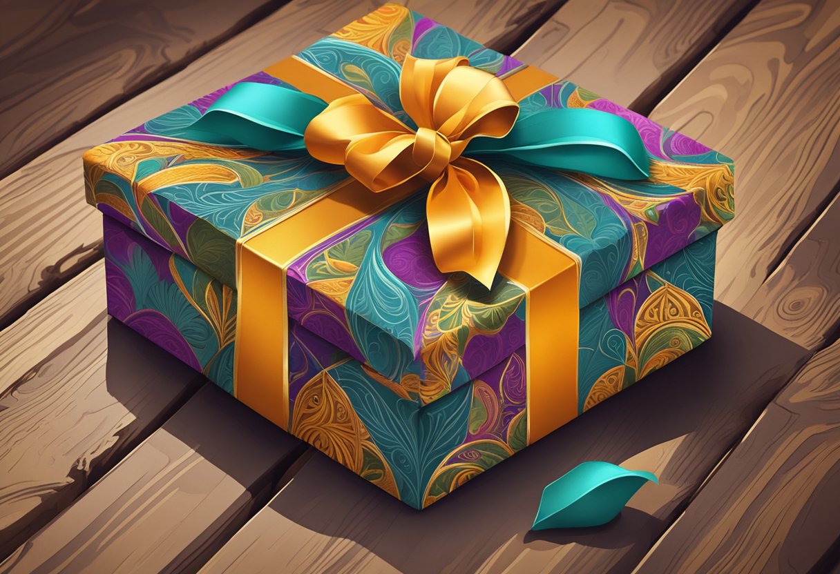 A gift box adorned with intricate patterns and vibrant colors sits on a rustic wooden table, surrounded by festive ribbons and delicate tissue paper