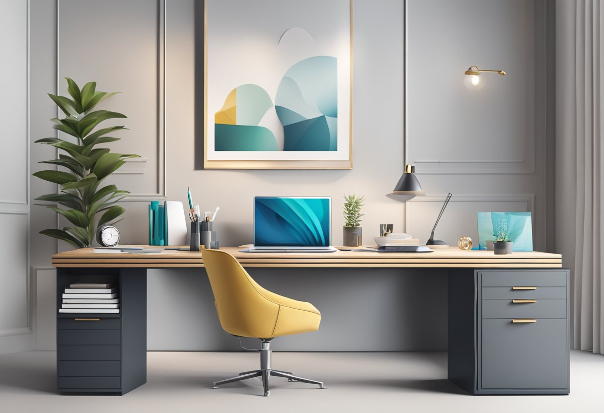 A sleek, modern office desk adorned with high-quality corporate gifts, including branded tech accessories, luxury stationery, and elegant desk organizers