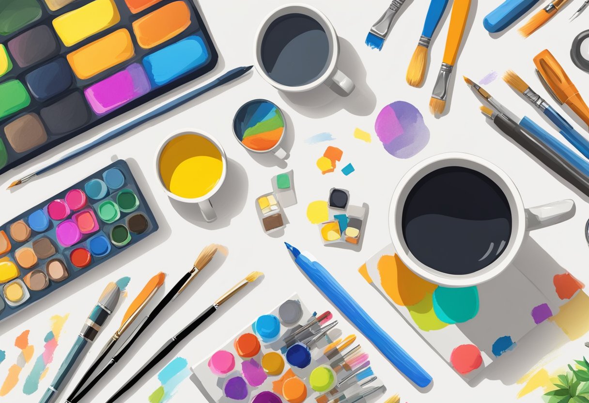 A table scattered with paintbrushes, stencils, and colorful markers. A personalized mug, notebook, and keychain are displayed as examples of customised gifts