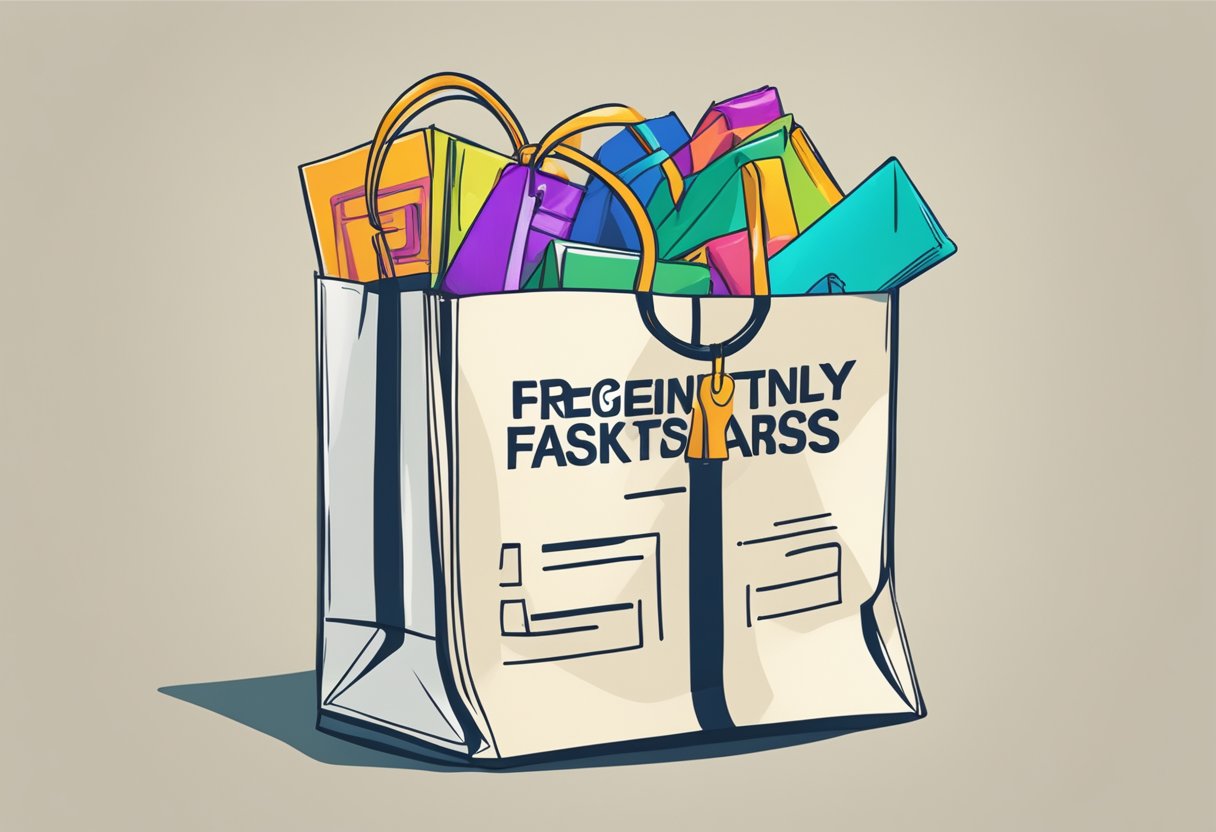 A folded shopping bag with "Frequently Asked Questions" printed on it