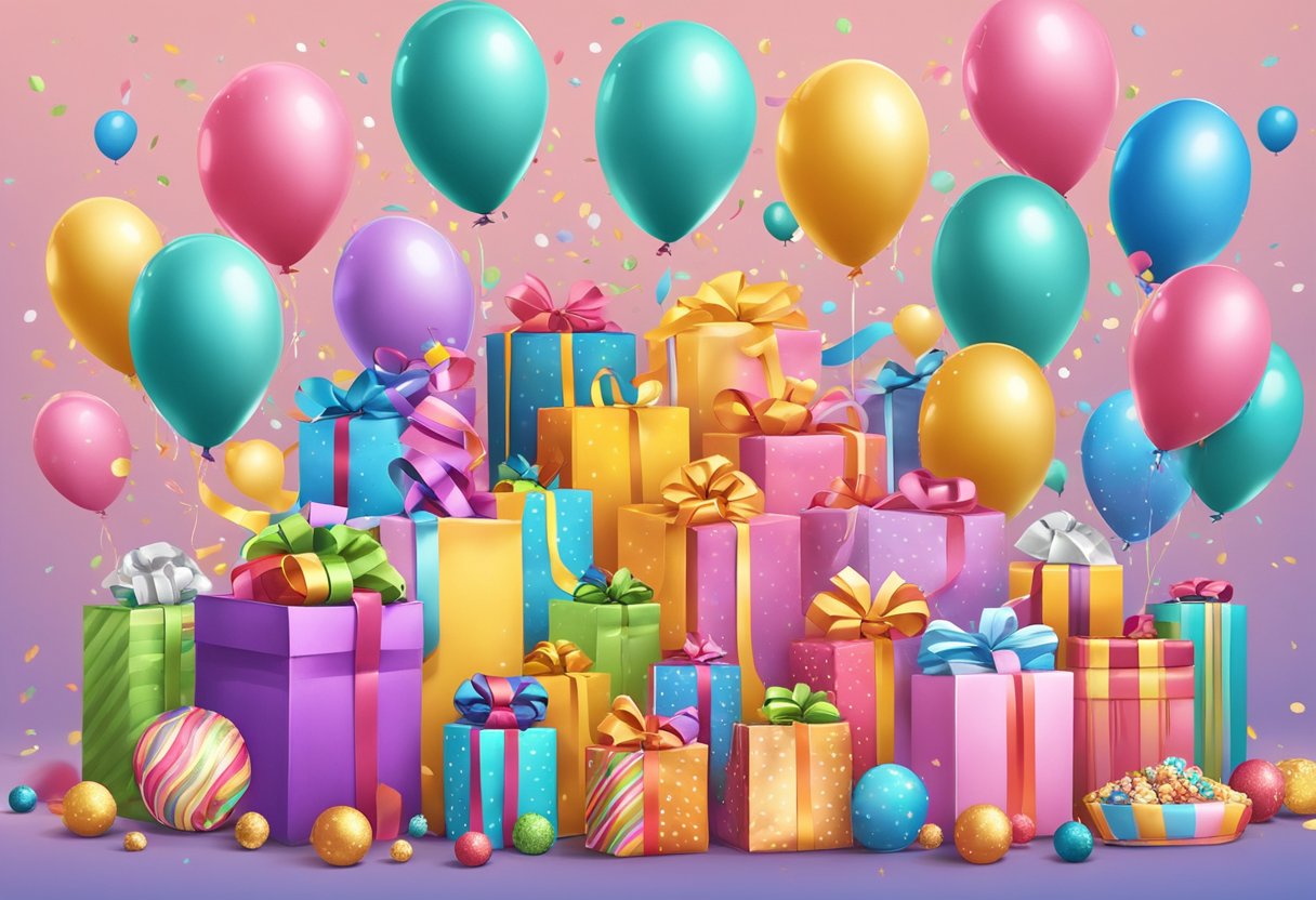 Colorful gift bags arranged with ribbons, confetti, and assorted treats, surrounded by festive decorations and balloons