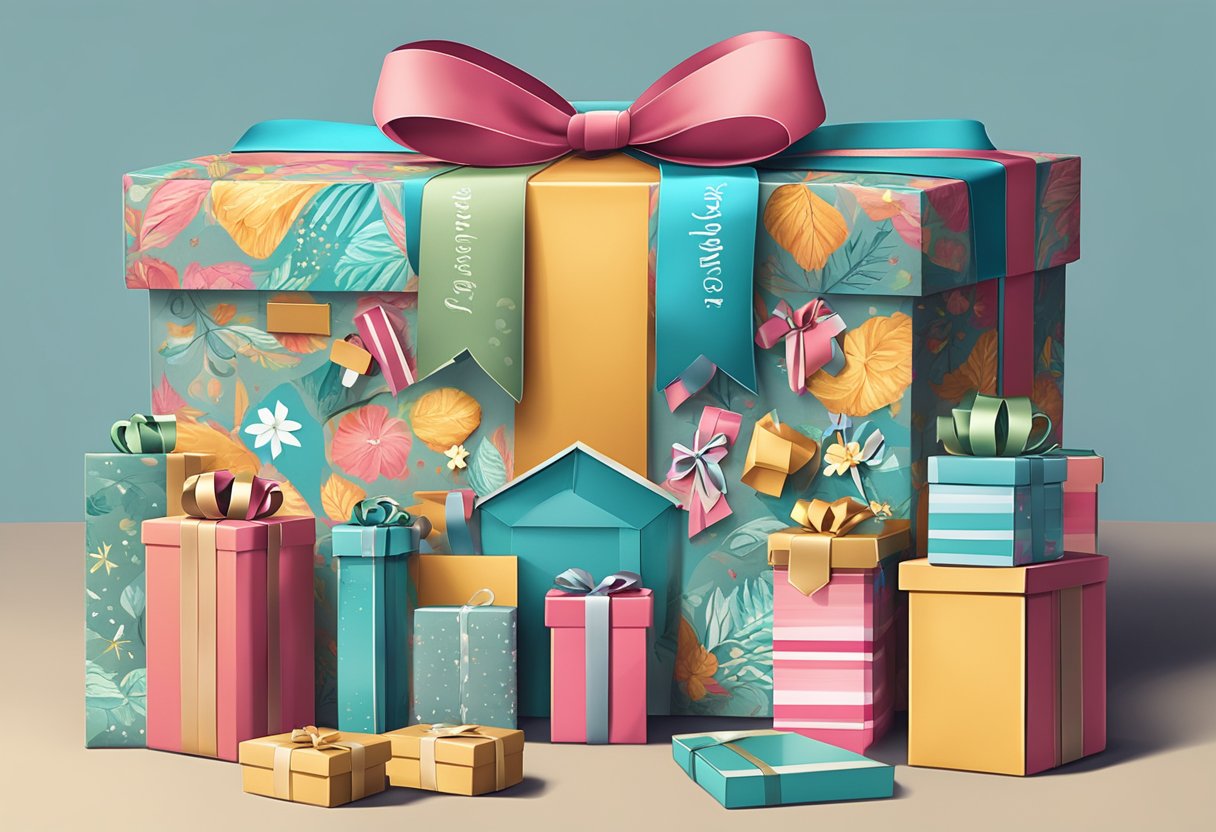 A gift box adorned with custom names and filled with various items, representing a personalized and experiential gift