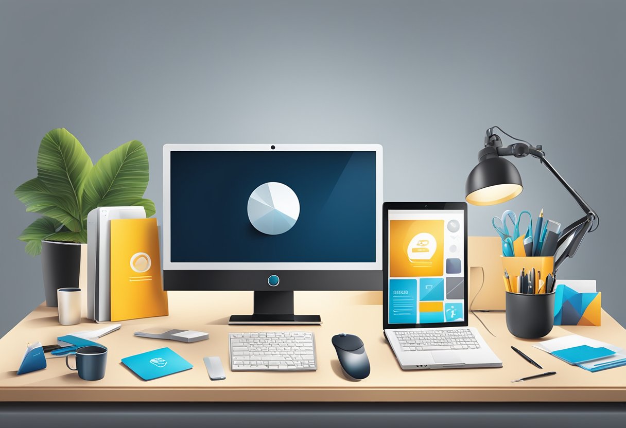 A table with various corporate gifts displayed, including branded items, tech gadgets, and elegant stationery. Bright lighting and clean, modern surroundings