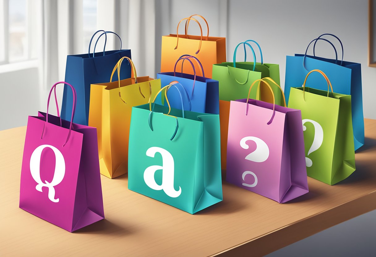 Colorful gift bags arranged on a table with a "Frequently Asked Questions" logo