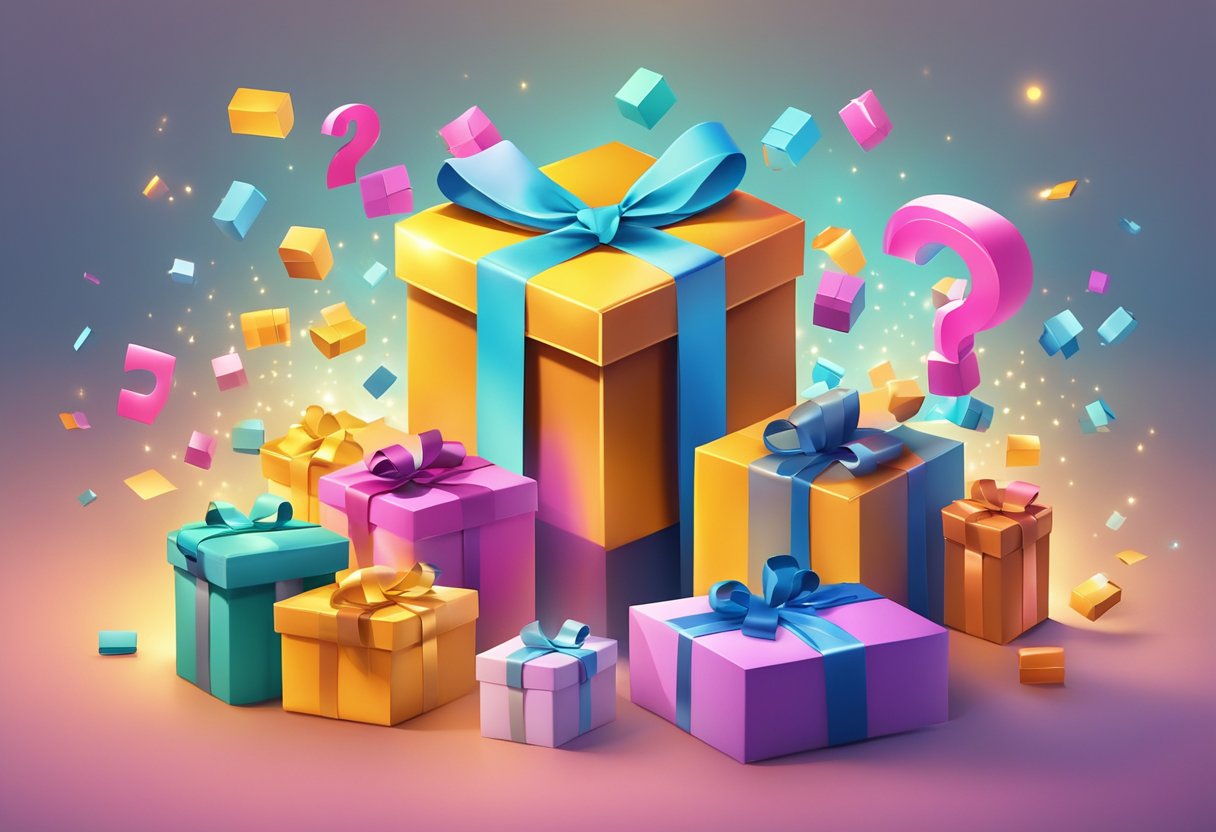 A colorful gift box surrounded by floating question marks and a spotlight shining on it