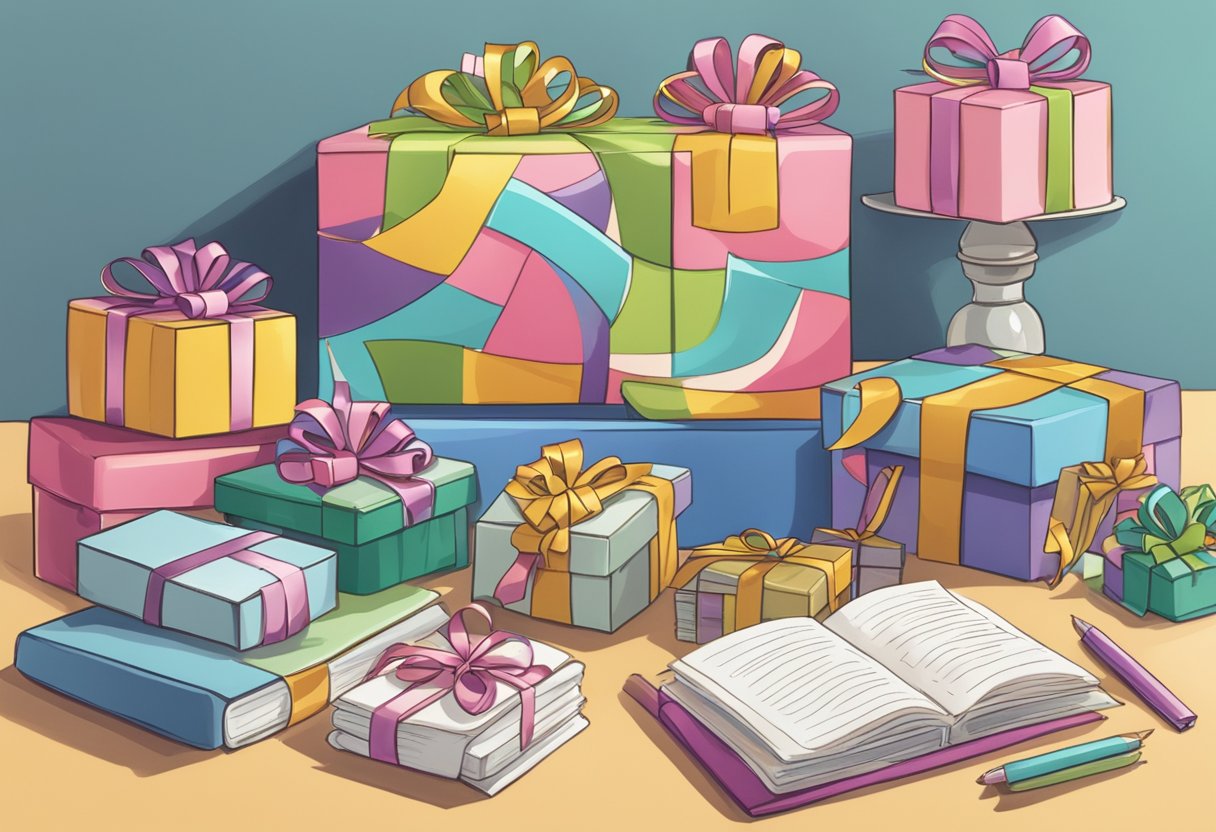 A table with a variety of custom gifts and a sign reading "Frequently Asked Questions personalized gifts."