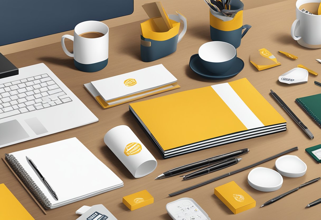 A table displaying various branded corporate gifts such as mugs, pens, and notebooks. A company logo is prominently featured on each item