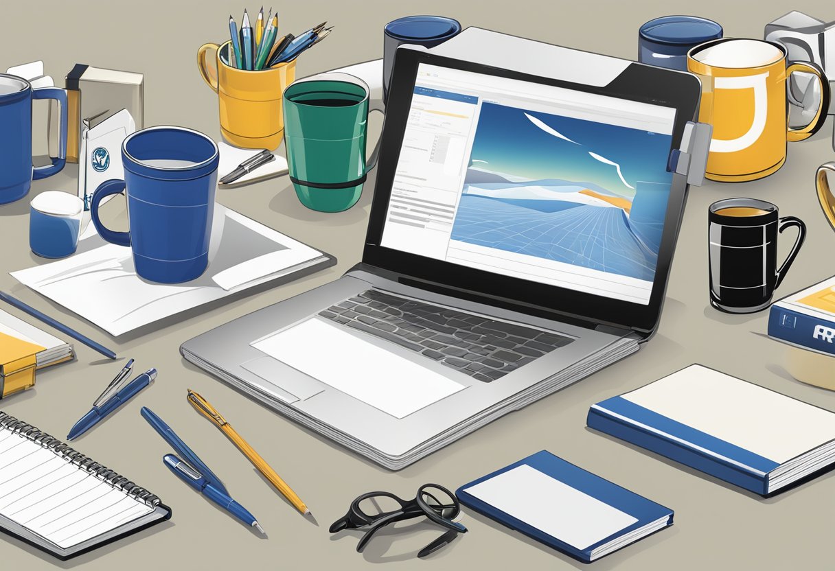 A table displays branded corporate gifts: mugs, pens, and notebooks. A company logo is prominently featured on each item