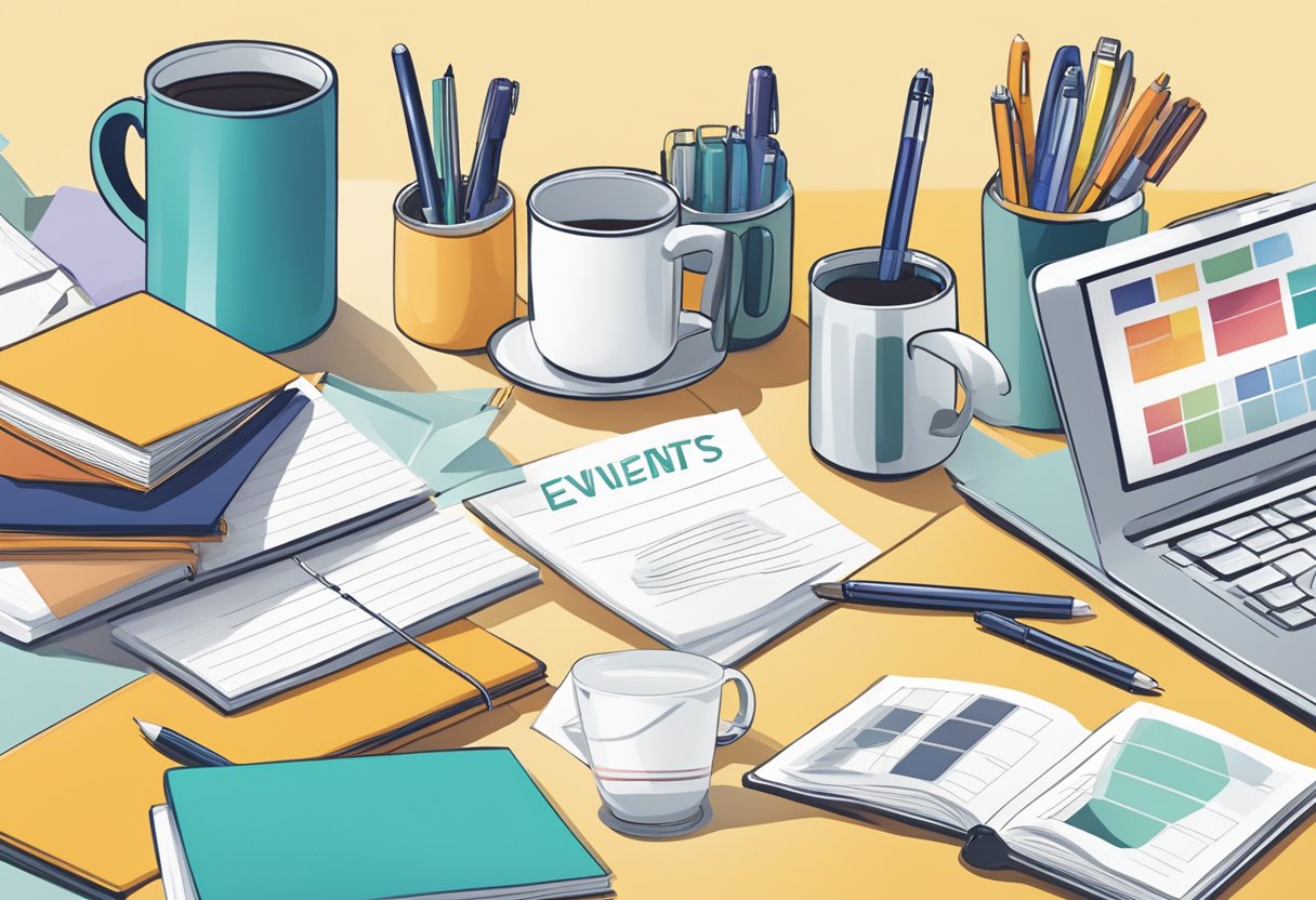 A table displays branded gifts: pens, notebooks, and mugs. A banner reads "Corporate Events" in the background