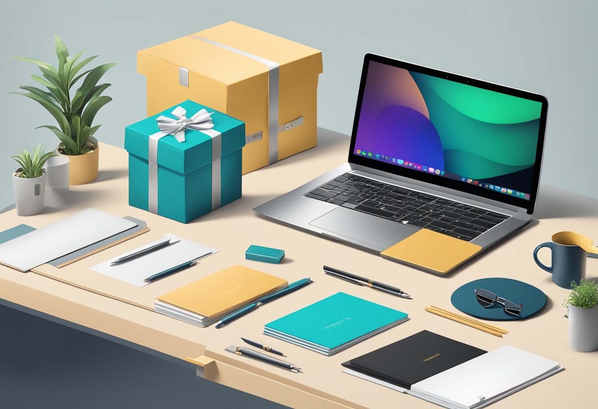 A branded gift box sits on a sleek office desk, surrounded by elegant stationery and a modern laptop. The company logo is prominently displayed on the gifts