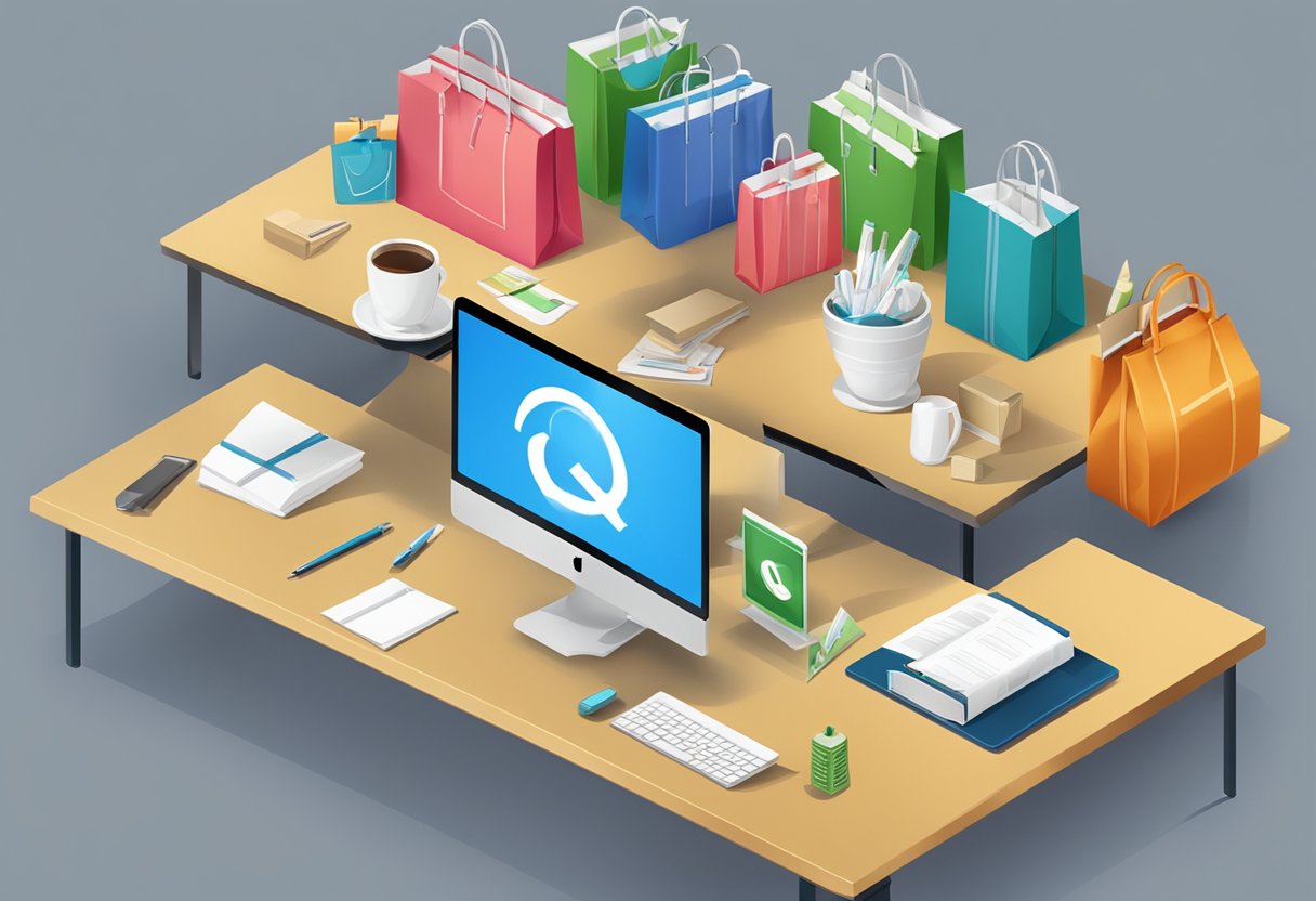 A table with branded corporate gifts and a sign reading "Frequently Asked Questions" displayed prominently