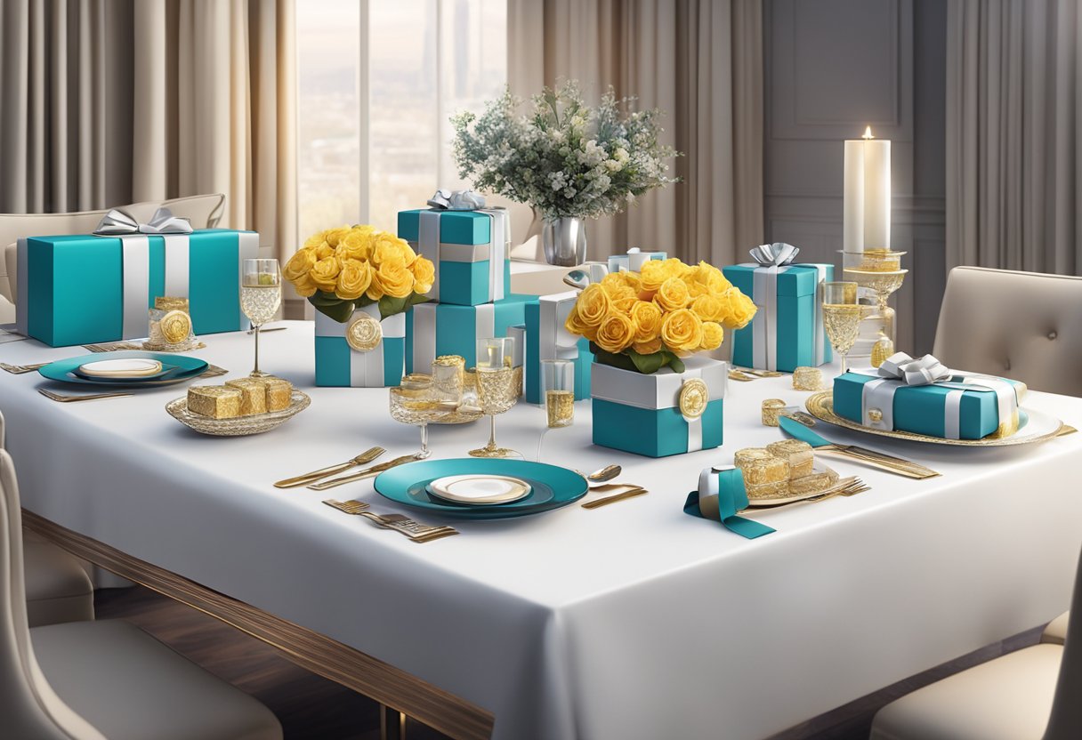 A table adorned with elegant corporate gifts for special occasions, including branded items and luxury products, displayed in a sophisticated setting