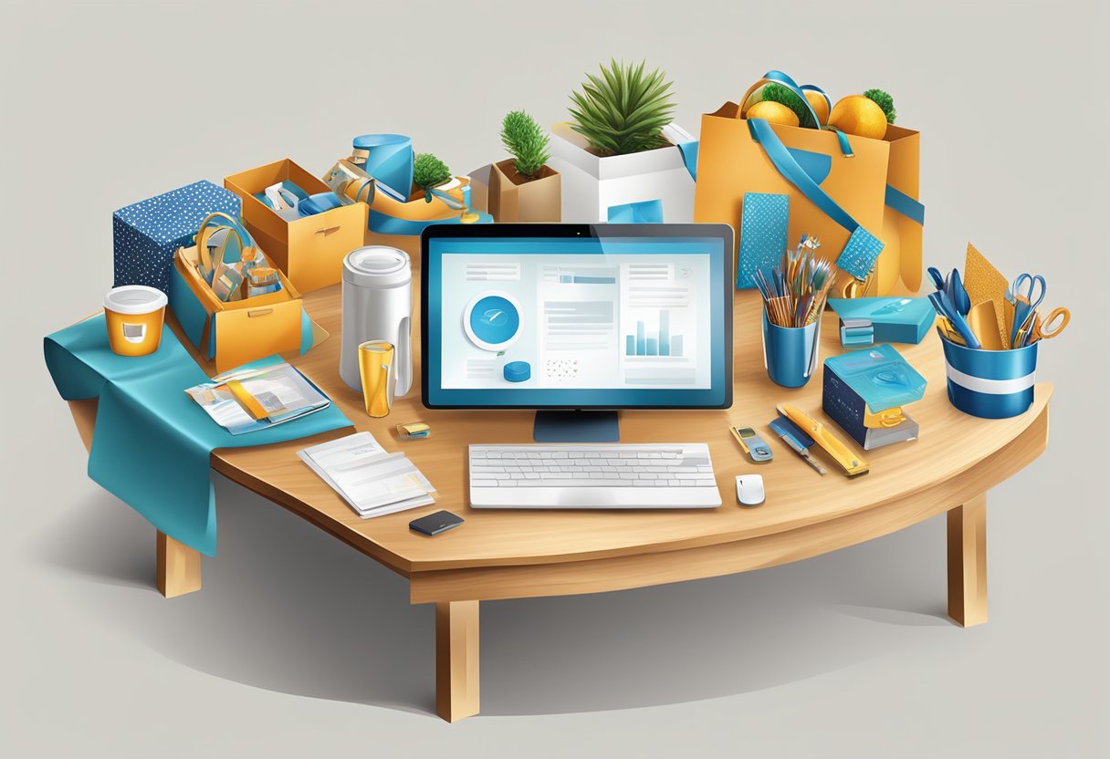 A table adorned with various corporate gifts, such as branded merchandise and gift baskets, displayed in an organized and appealing manner