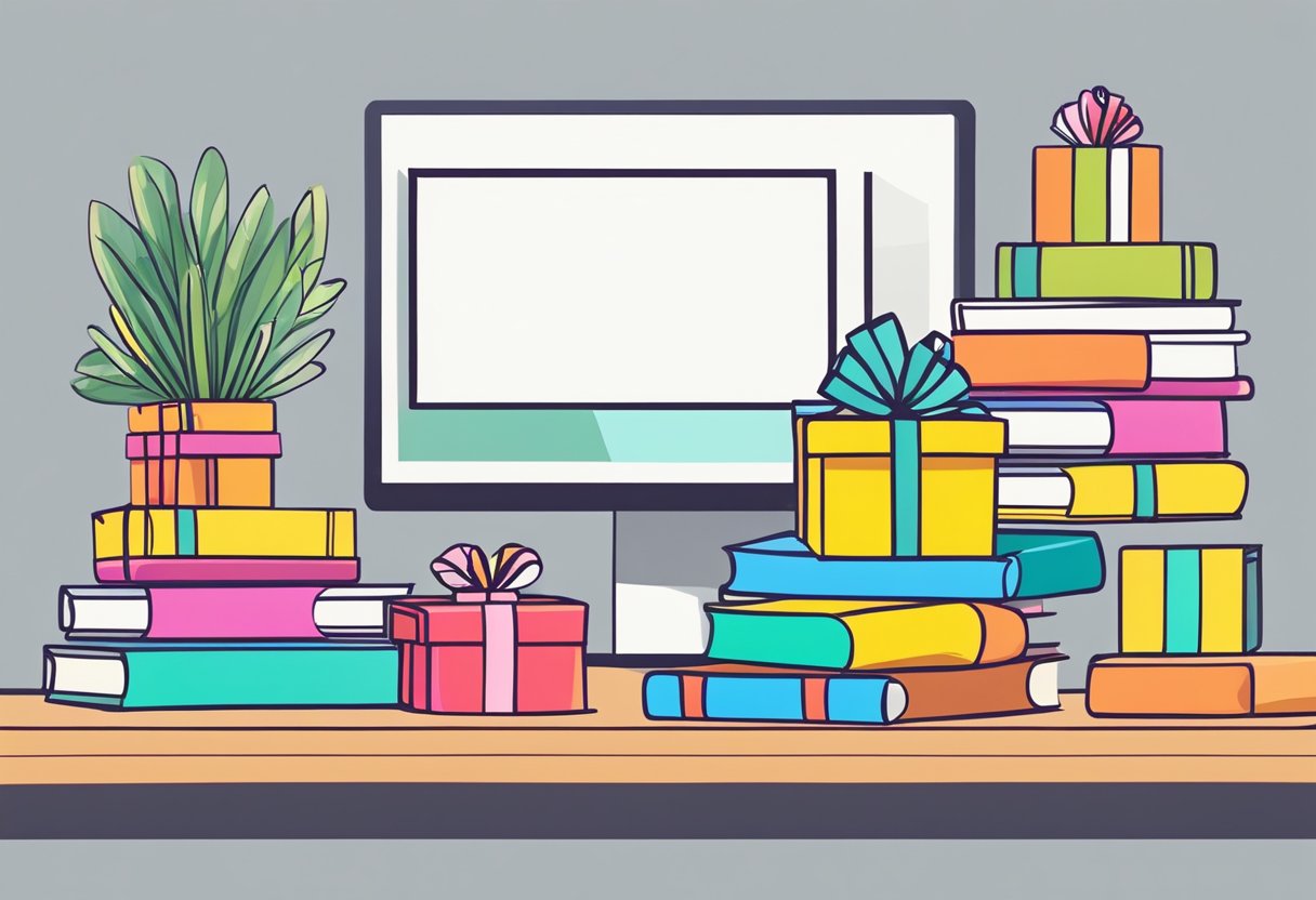 Colorful wrapped gifts arranged on a desk with a stack of books and a potted plant in the background