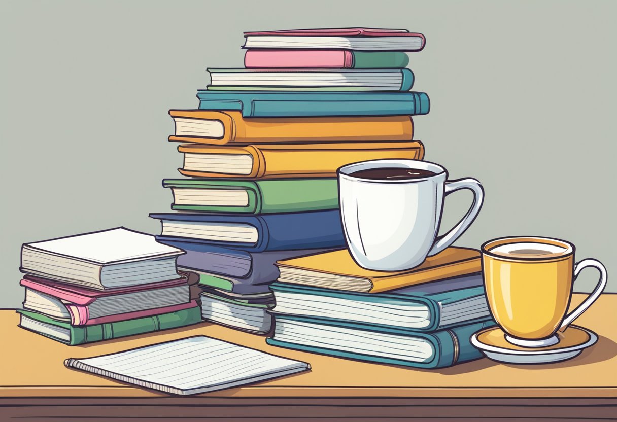 A classroom desk adorned with personalized mugs, notebooks, and a heartfelt thank-you card. A stack of books with a ribbon tied around them sits nearby