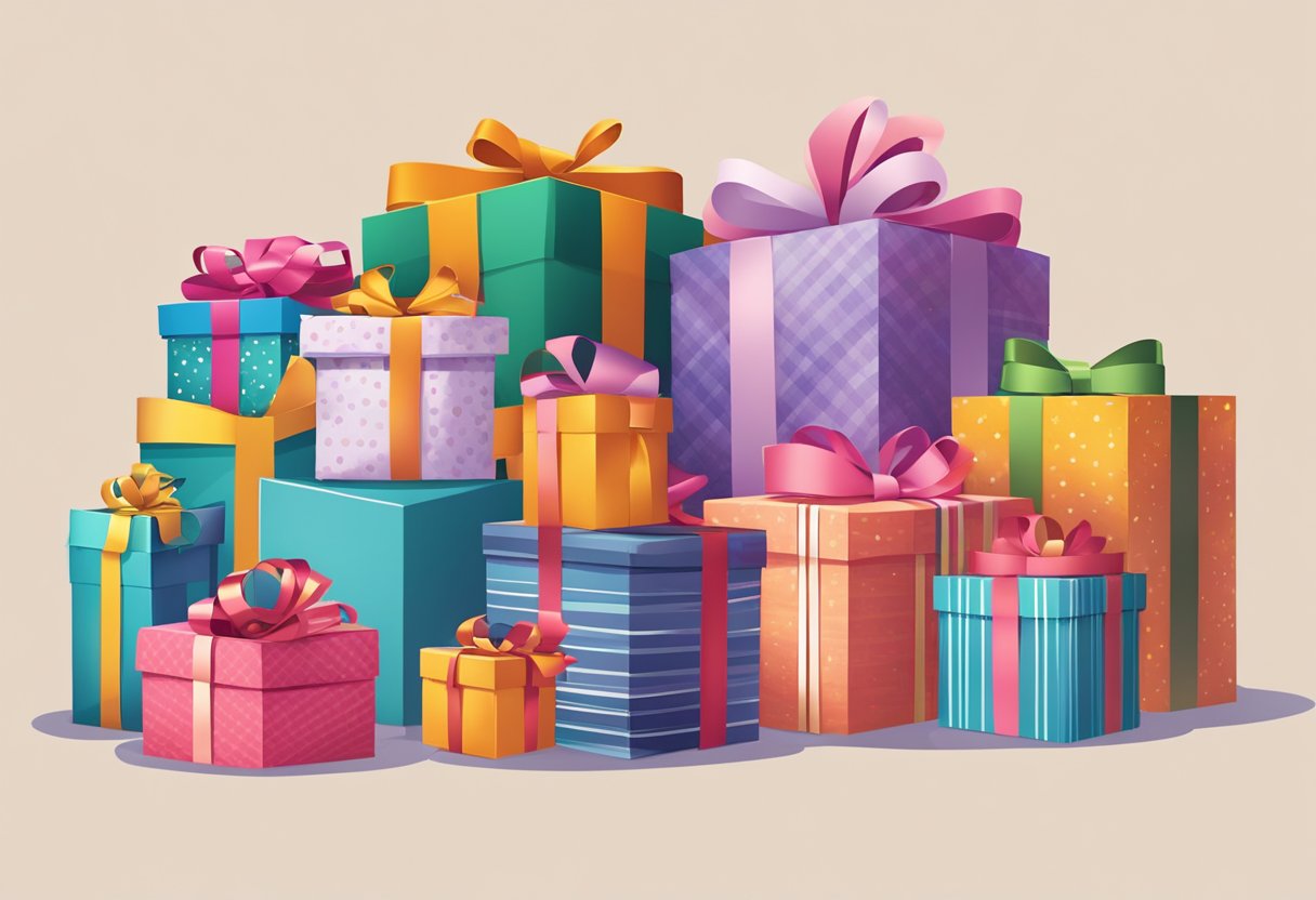 Colorful gift boxes arranged in a pile, some with ribbons and bows, others with patterned wrapping paper. A mix of sizes and shapes, creating an inviting and festive display