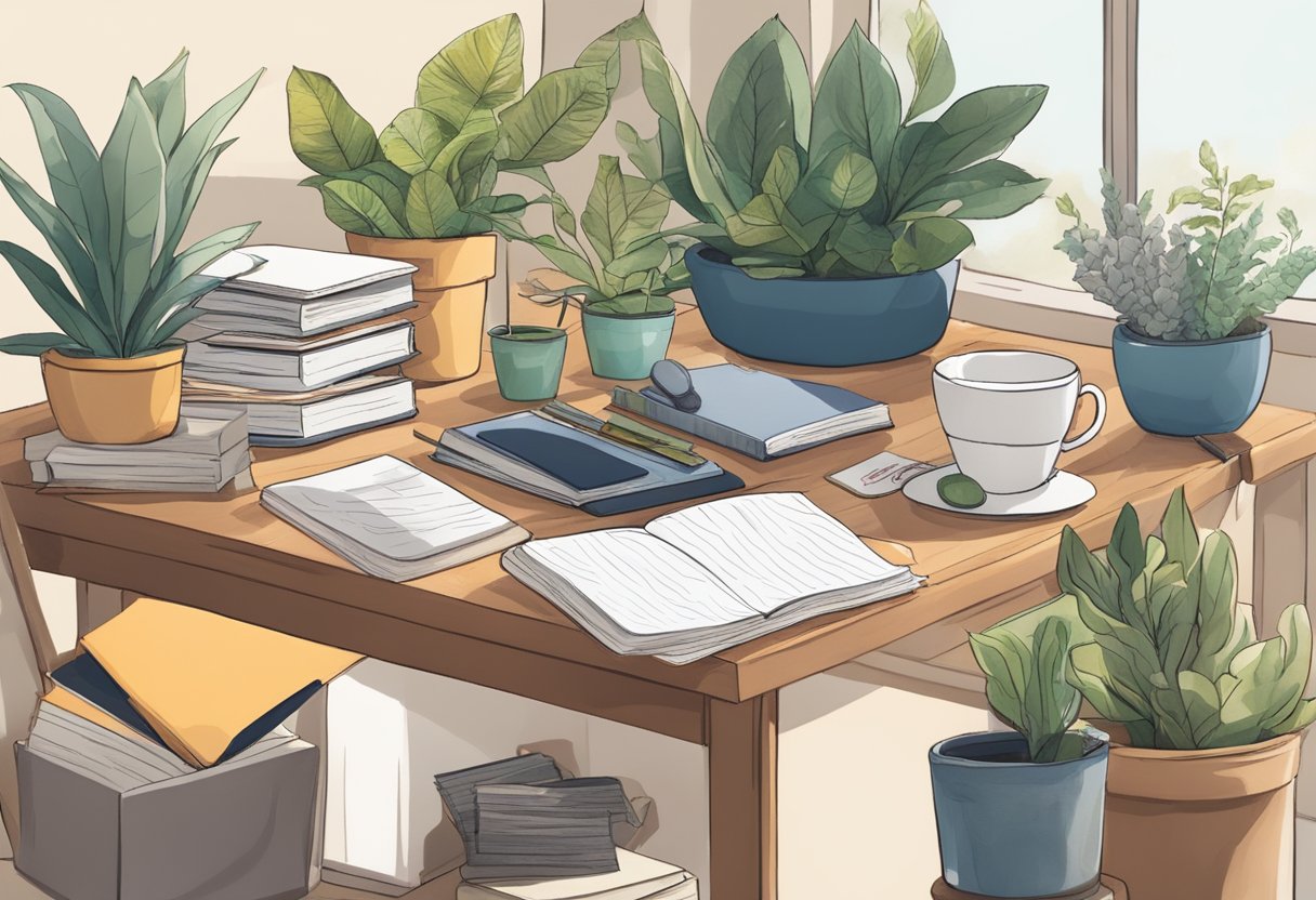 A desk adorned with books, plants, and a mug, surrounded by thoughtful notes and gift cards