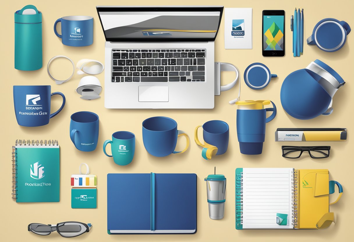 A table displaying various corporate gifts, including branded mugs, notebooks, and tech gadgets. A company logo is prominently featured on each item