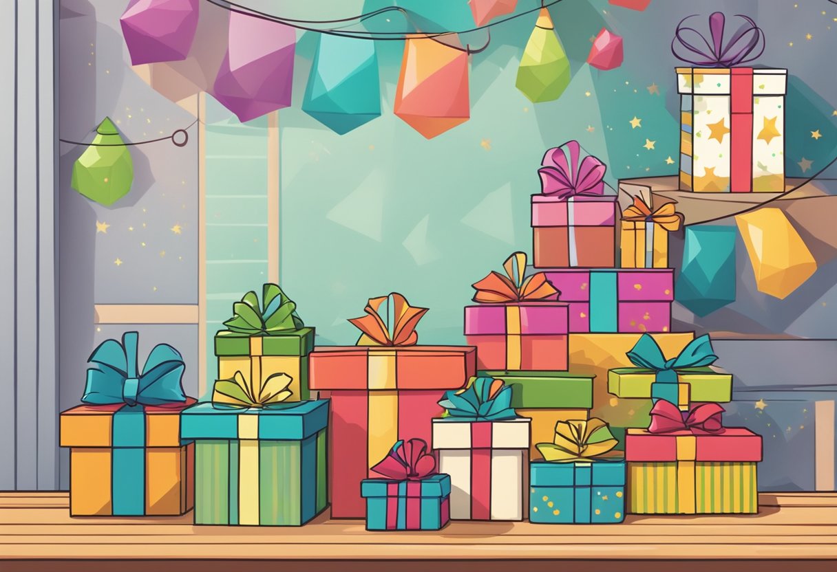 A stack of colorful gift boxes labeled "Frequently Asked Questions gifts for teachers" displayed on a table with a festive backdrop