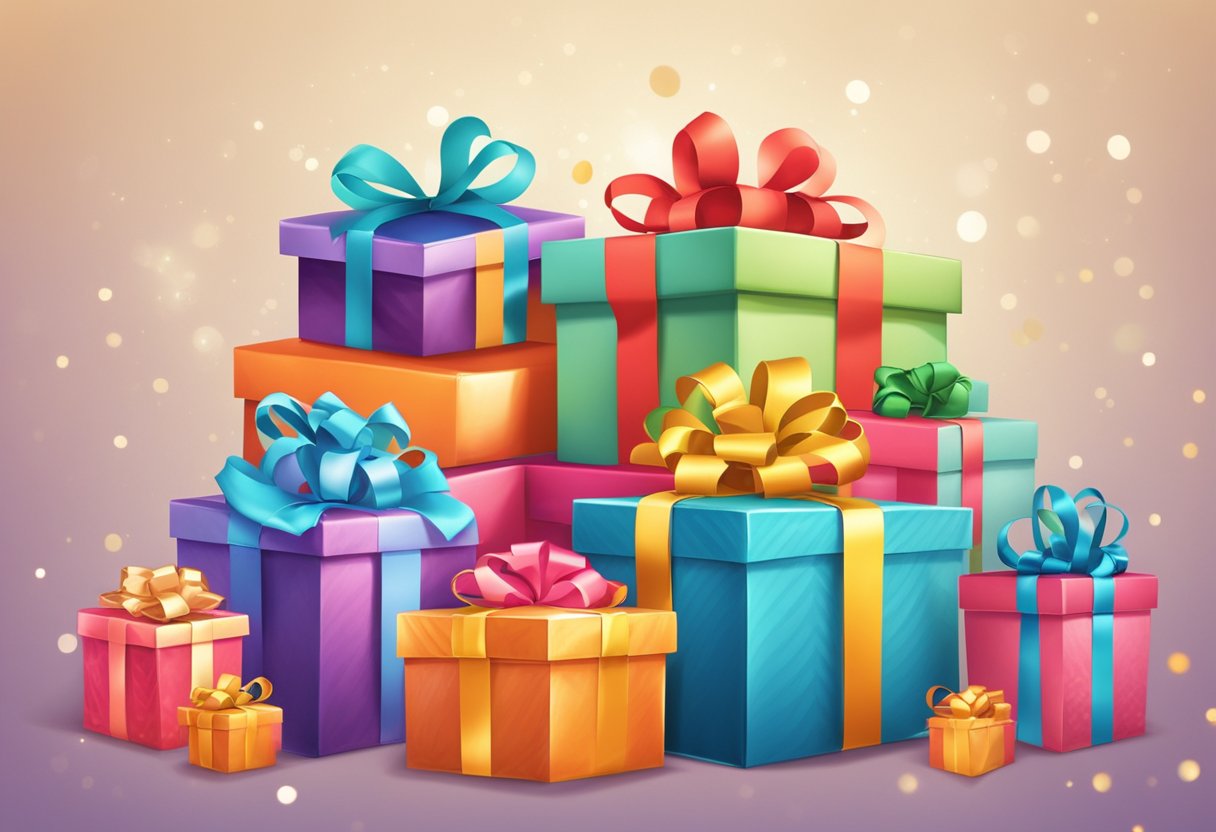 A table displays various gift boxes for different occasions. Birthday, wedding, and holiday themes are depicted with colorful and decorative packaging