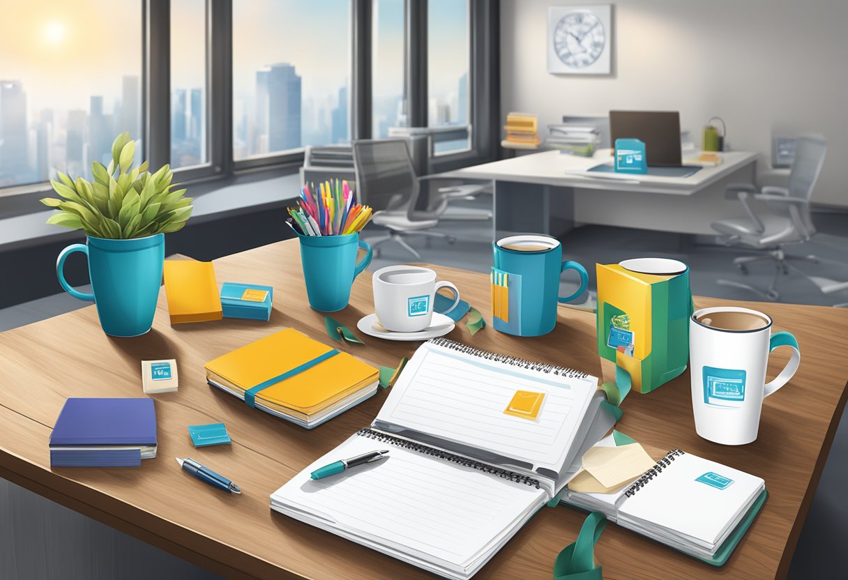 A table with branded gift items, such as custom mugs, notebooks, and gift baskets, displayed in an office setting