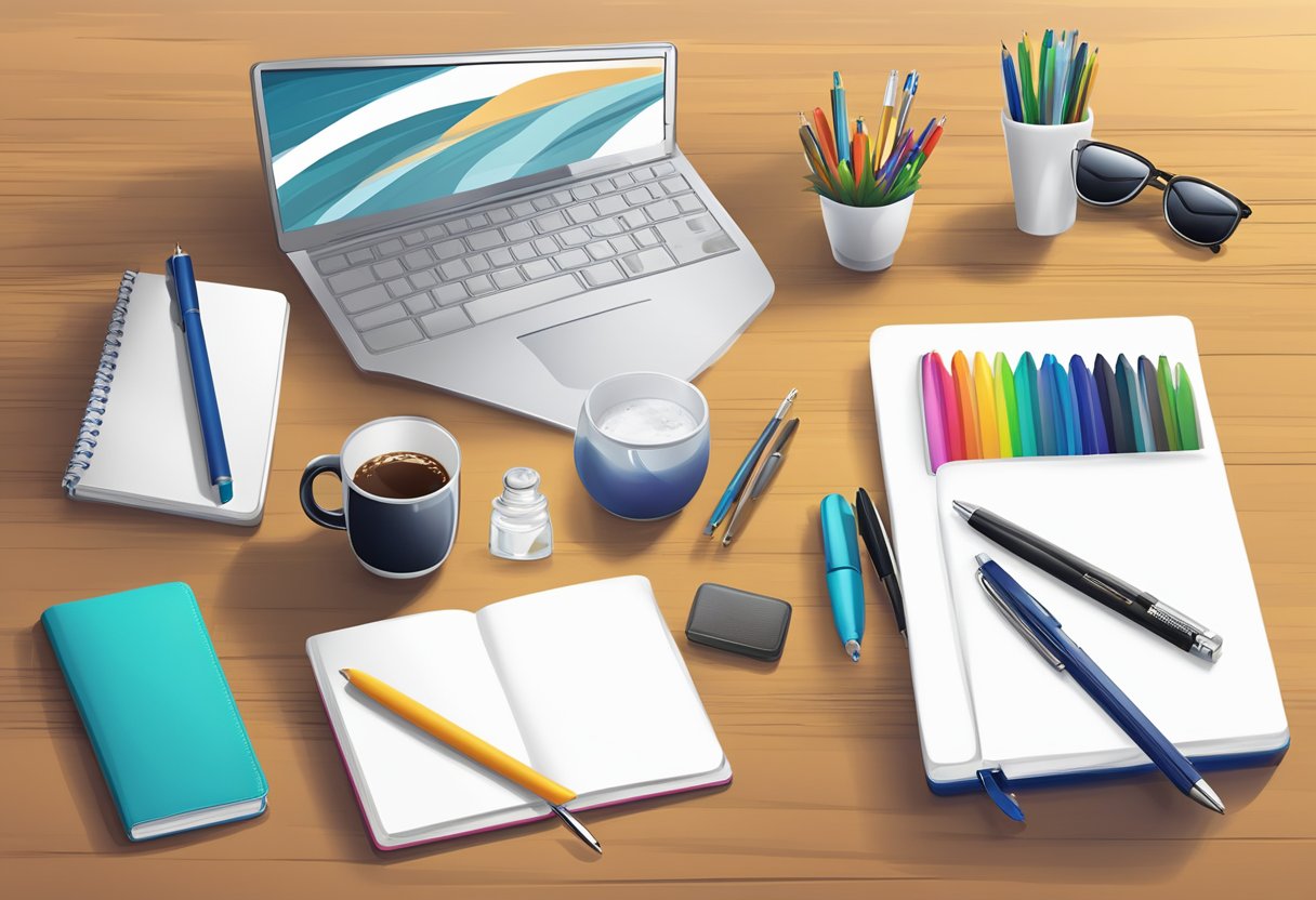 A table with various corporate gifts, such as branded pens, customised notebooks, and logo-embossed drinkware. A designer could recreate this scene for a corporate gift ideas illustration