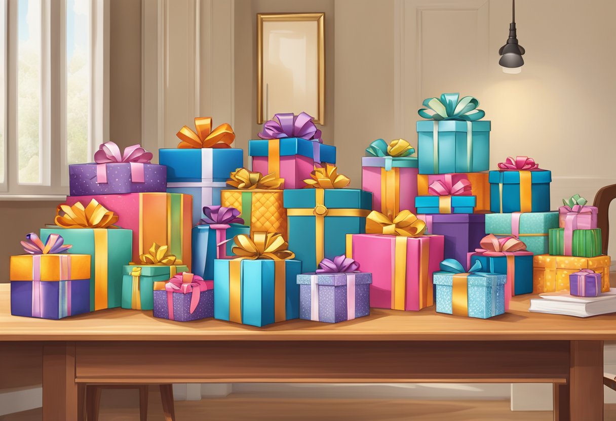 A table adorned with various gift boxes, each uniquely designed and personalized with names and vibrant colors