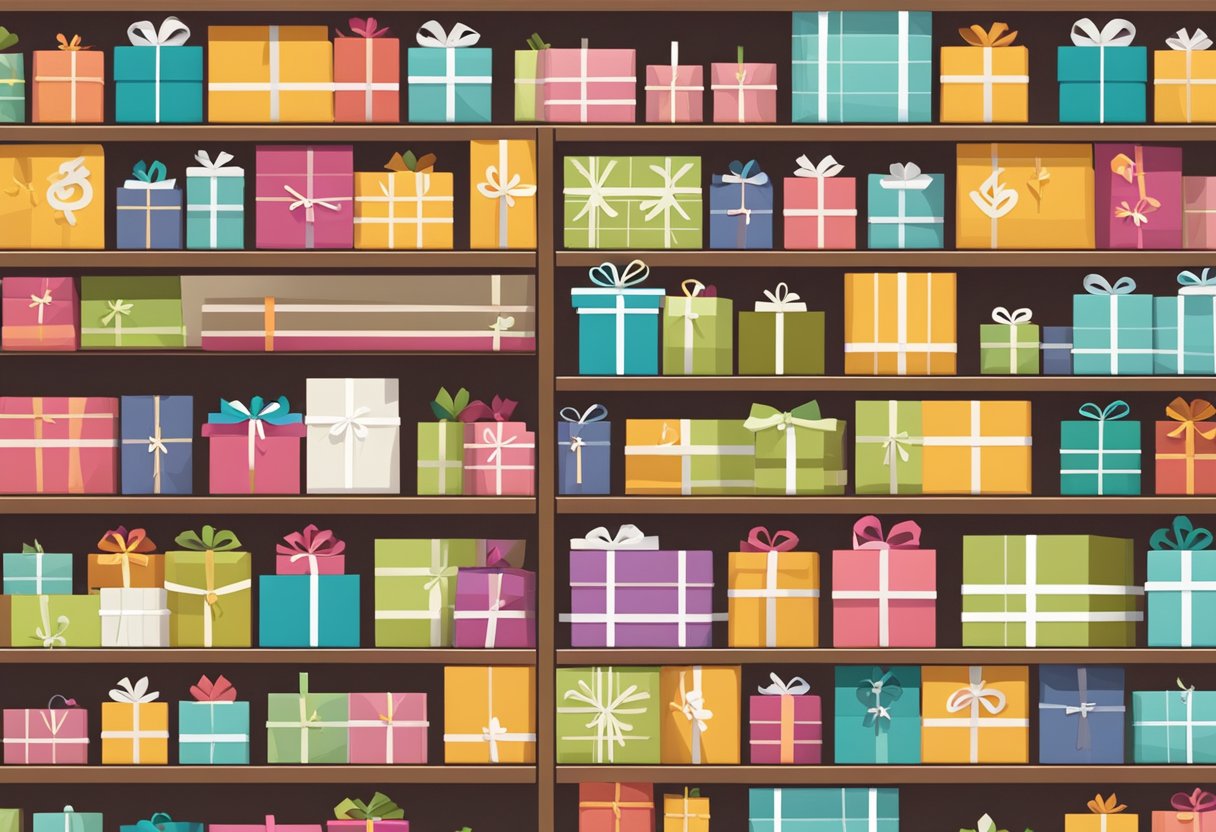 Multiple gift boxes with "Frequently Asked Questions" labels, arranged neatly on a shelf