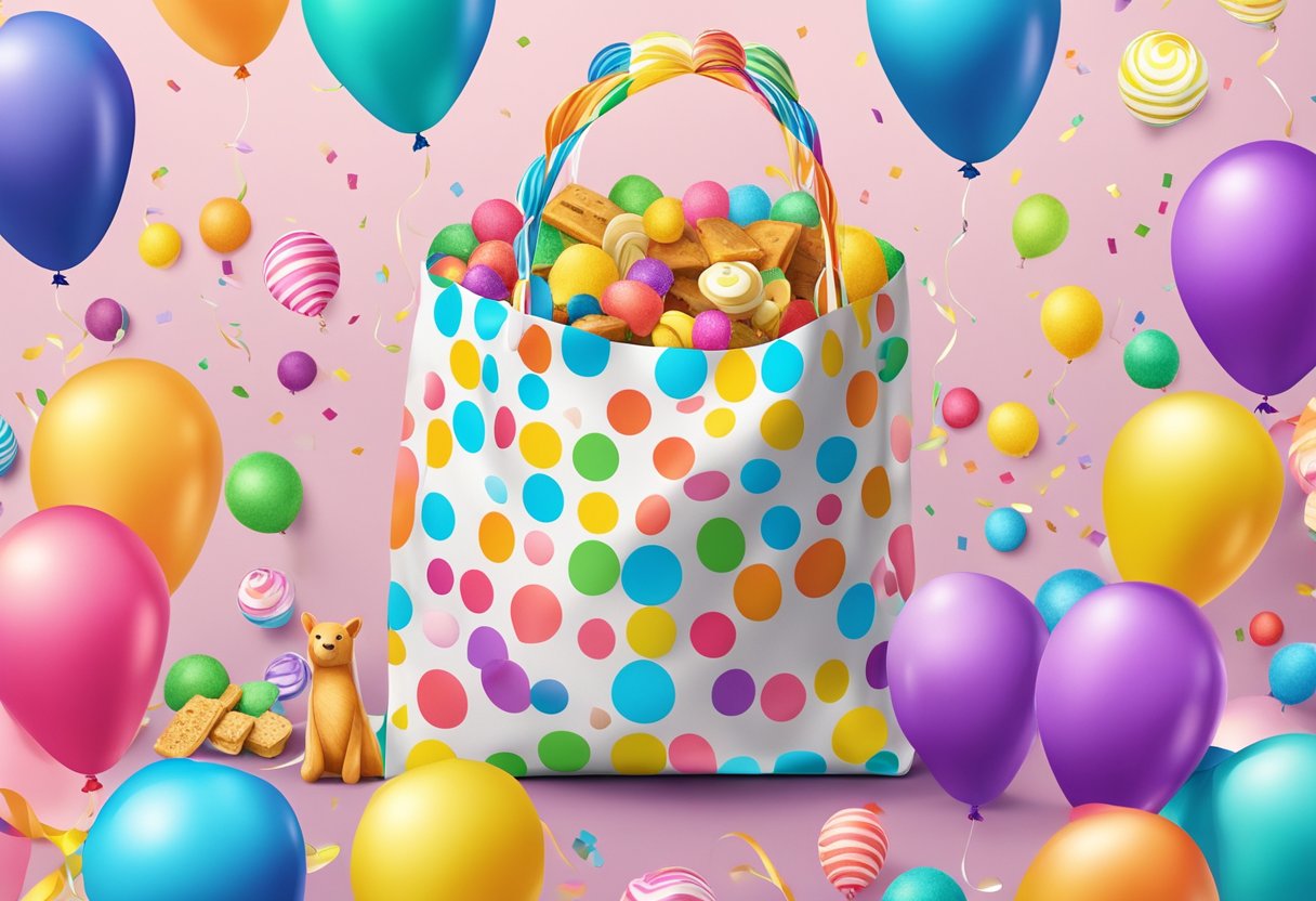 Colorful goodie bag with a variety of treats and toys spilling out. Balloons and confetti surround the bag, creating a festive atmosphere
